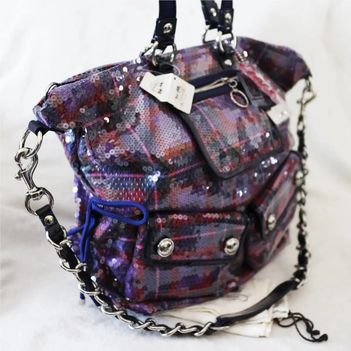 Coach Poppy Tartan XL Sequins Spotlight Tote Shoulder Bag Purse