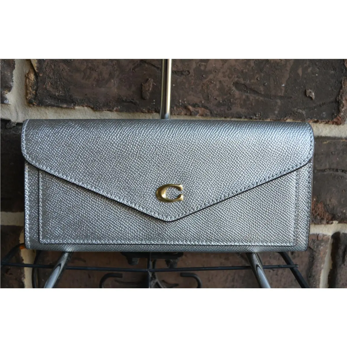 Coach Wyn Soft Wallet C7182 Metallic Silver Cross-grained Leather