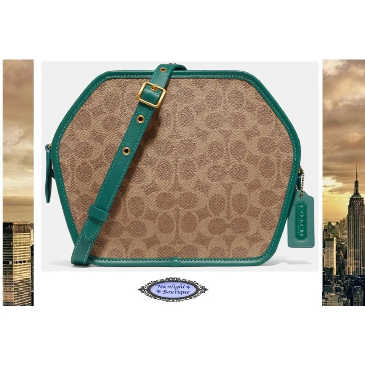 Coach Geometric Zip Pouch Signature CC Crossbody Bag In Tan Dark Aquamarine