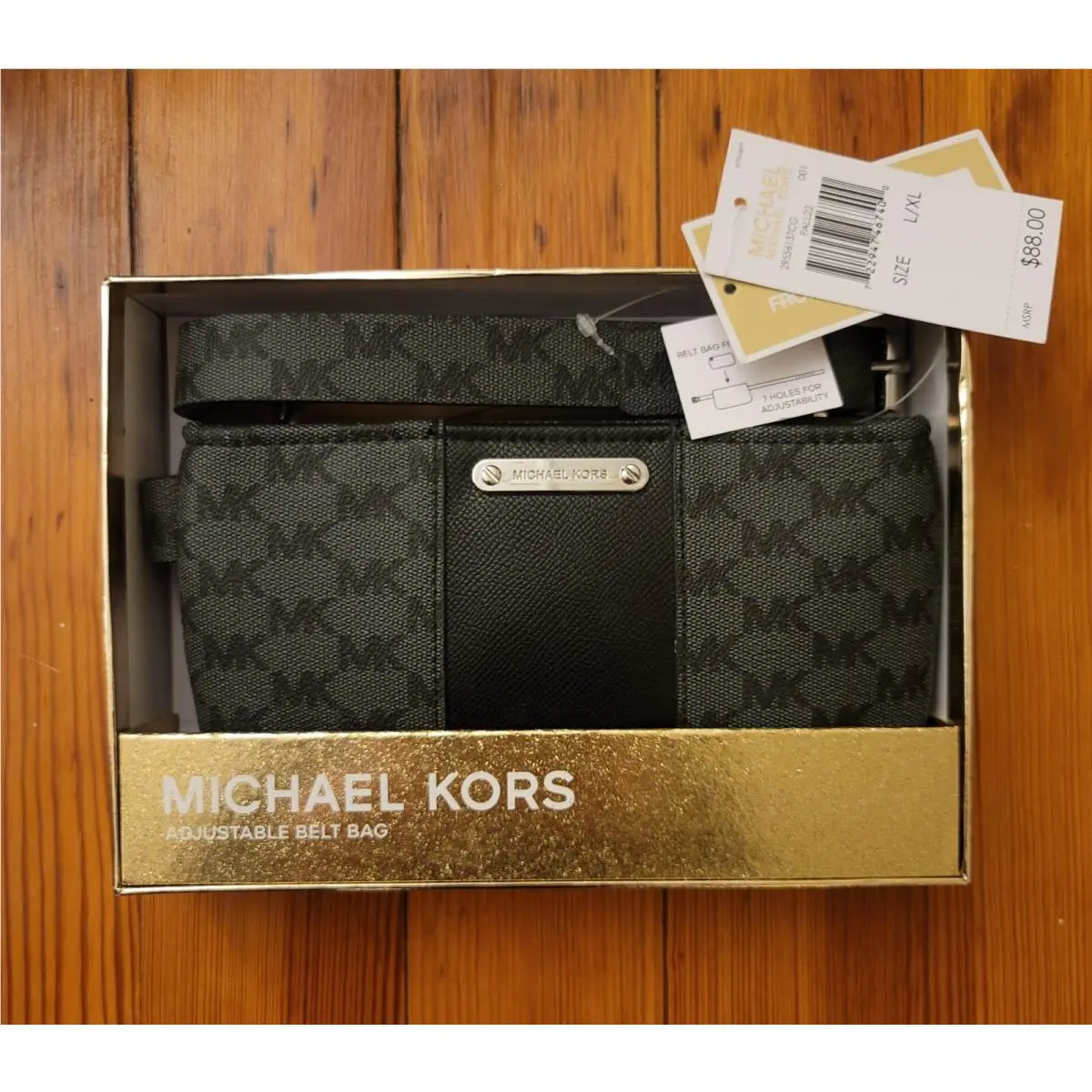 Michael Kors Leather Adjust. Belt Bag/fanny Pack MK Logo Sz L/xl Black/grey