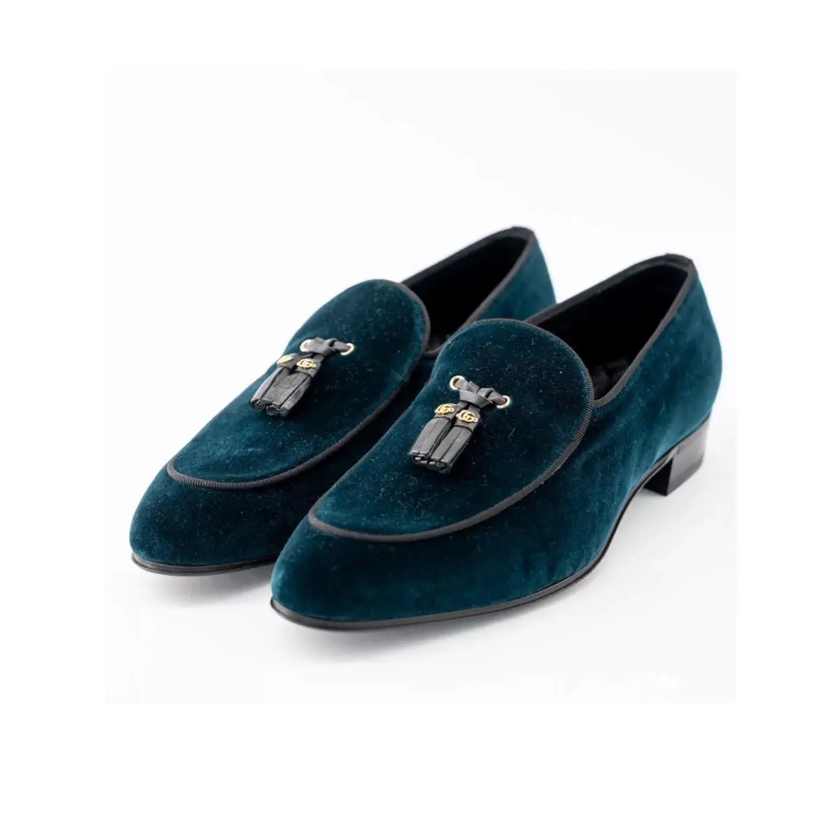 Gucci Velvet Loafers Tassel GG Blue Green Moccasins US 13.5