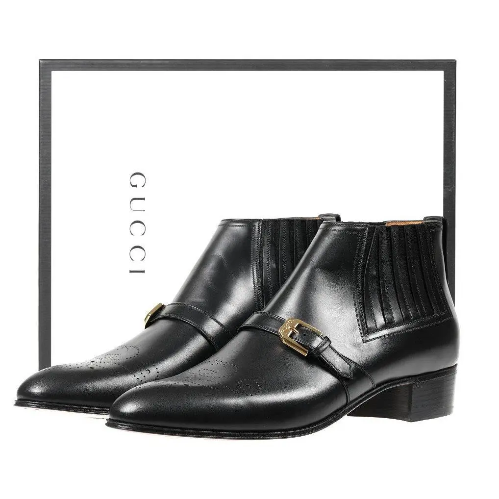 Gucci Men`s Black Leather Logo Boots Ankle Shoes 15/US 15.5