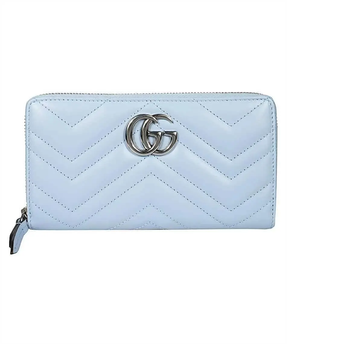 Gucci Marmont Ice Light Chevron Blue Continental Wallet Leather