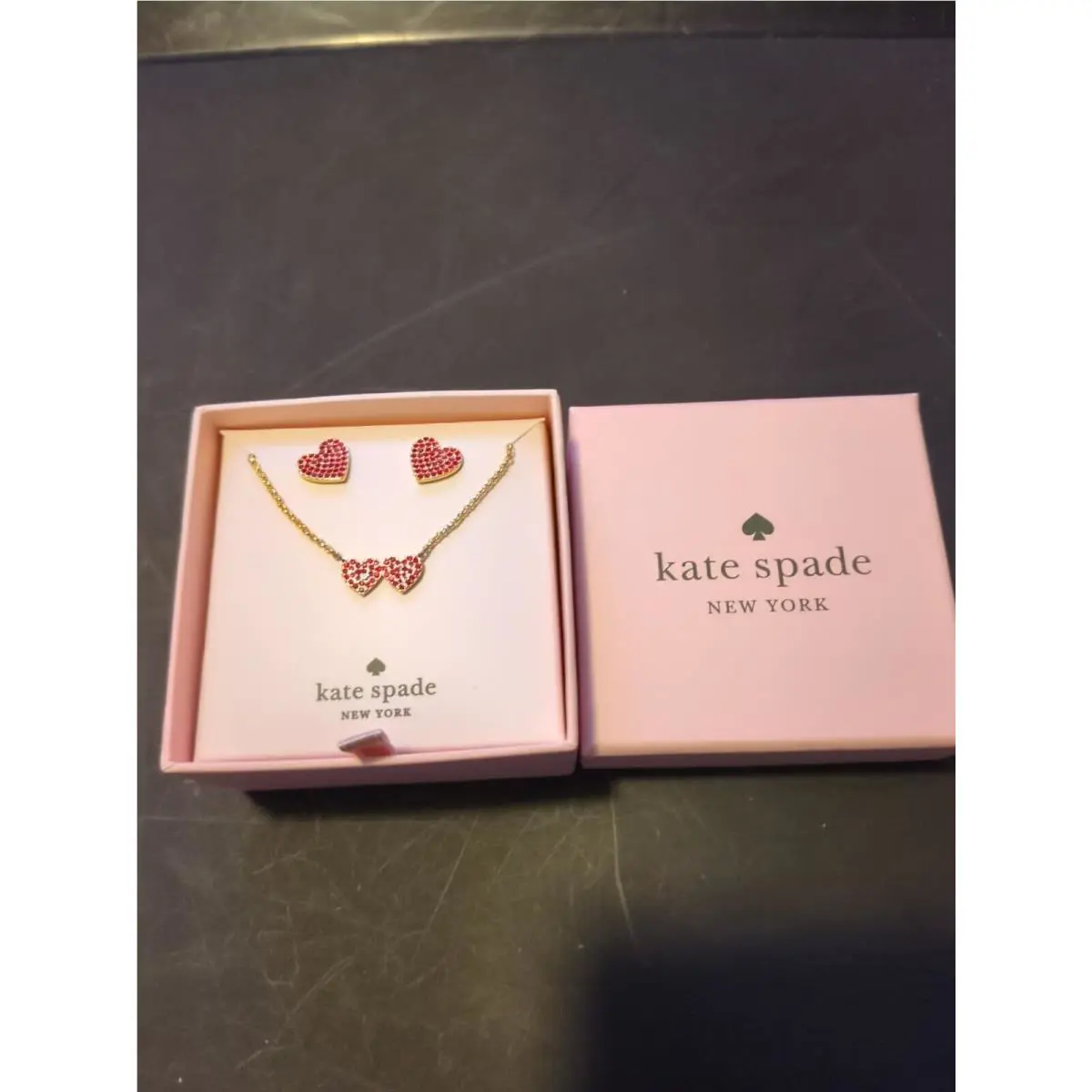 Kate Spade New York Yours Truly Red Gold Pave Heart Earring Necklace Set