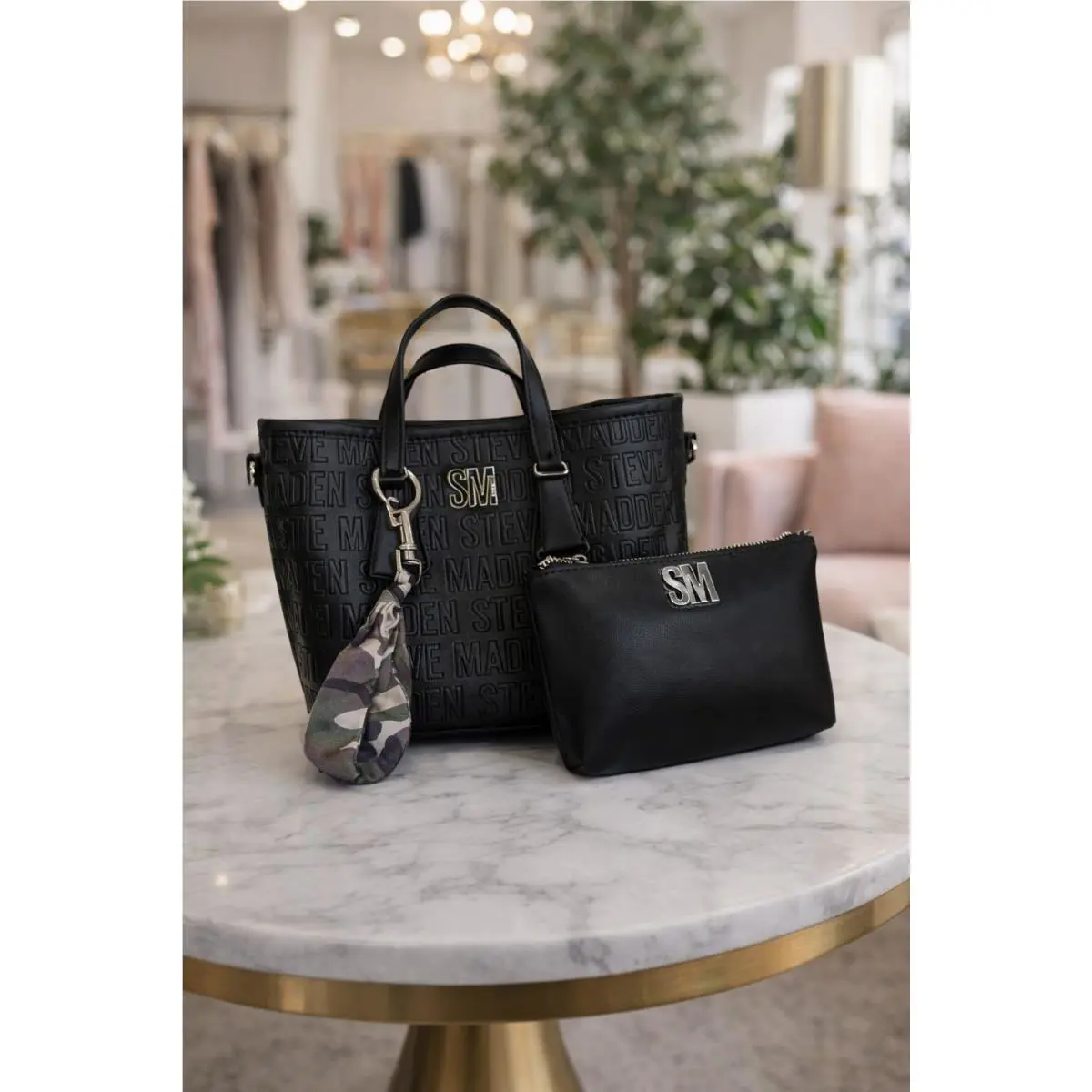 Steve Madden Black Tote Logo Satchel Crossbody Set w/ Pouch Fabric Keycha