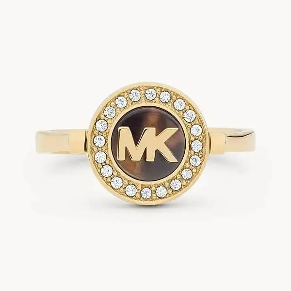 Michael Kors Gold Tone Tortoise Monogram `mk` Logo Crystals Ring MKJ7856