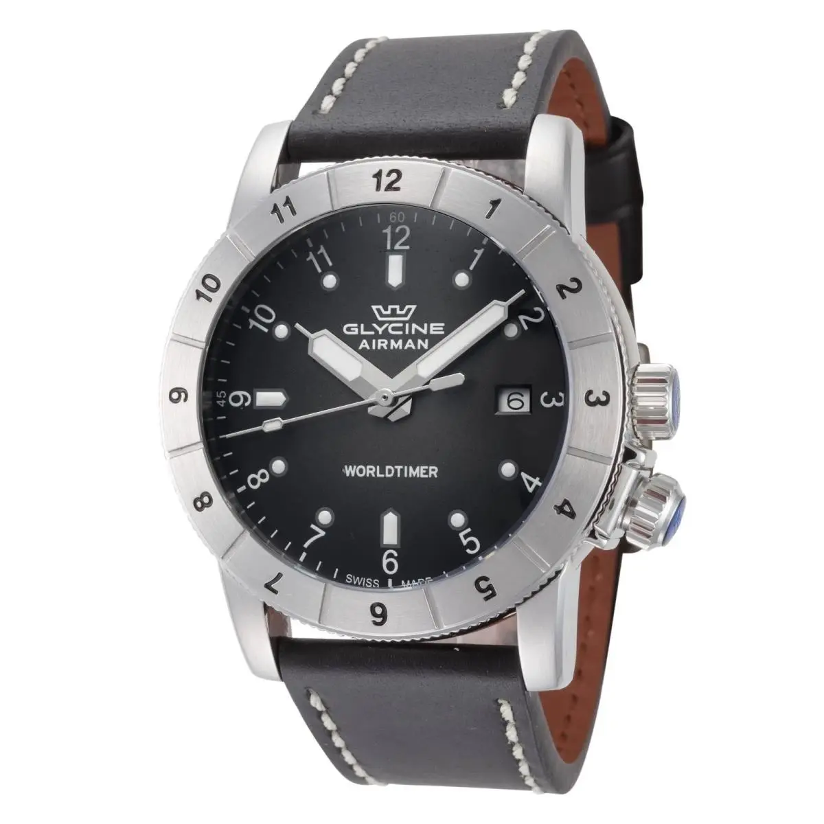 Glycine Men`s Combat Quartz Airman Worldtimer Swiss Made Sapphire Crystal Watch - Dial: Black, Band: Black, Other Dial: Blue