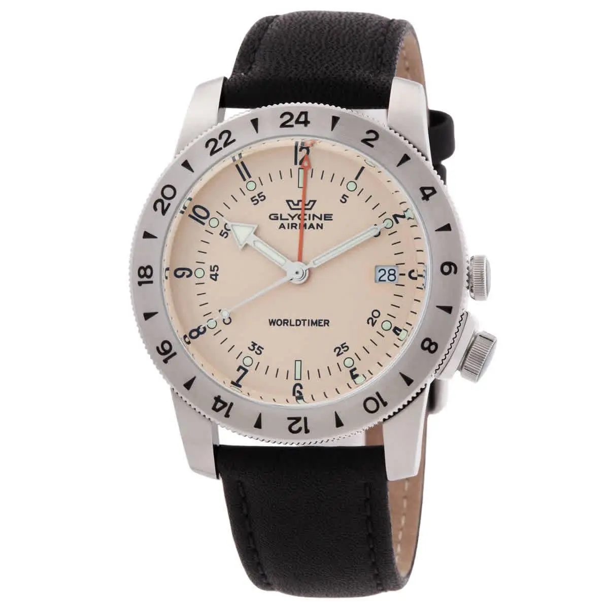 Glycine Airman Vintage Gmt Quartz Ivory Dial Men`s Watch GL1050 - Dial: Ivory, Band: Black, Bezel: Silver-tone