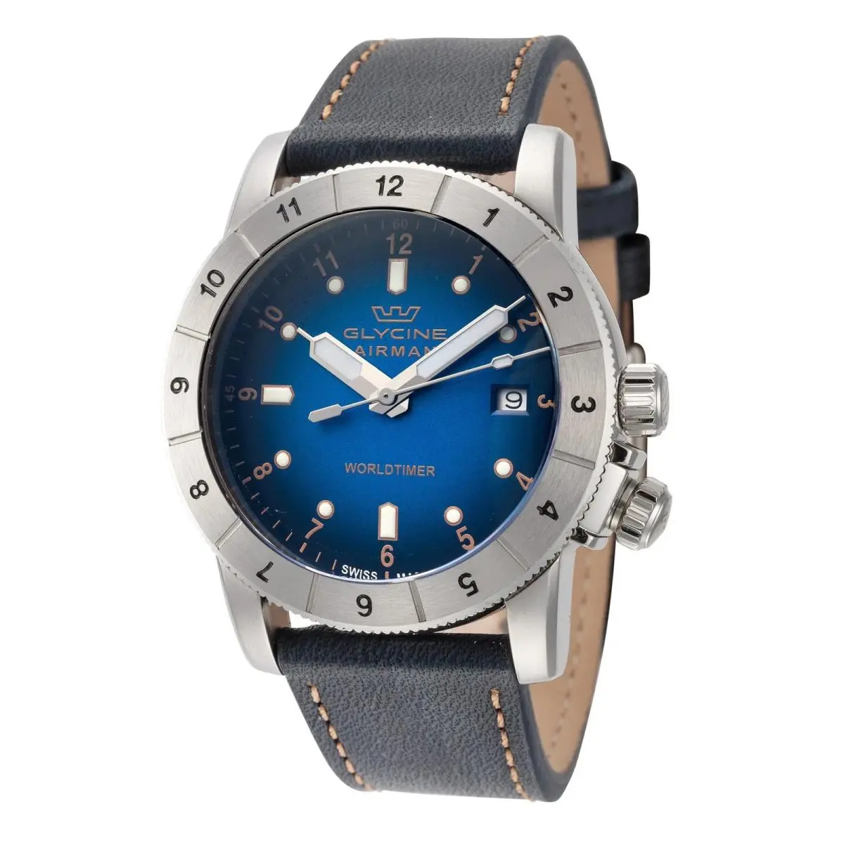 Glycine Men`s Combat Quartz Airman Worldtimer Swiss Made Sapphire Crystal Watch - Dial: Blue, Band: Blue, Other Dial: Blue