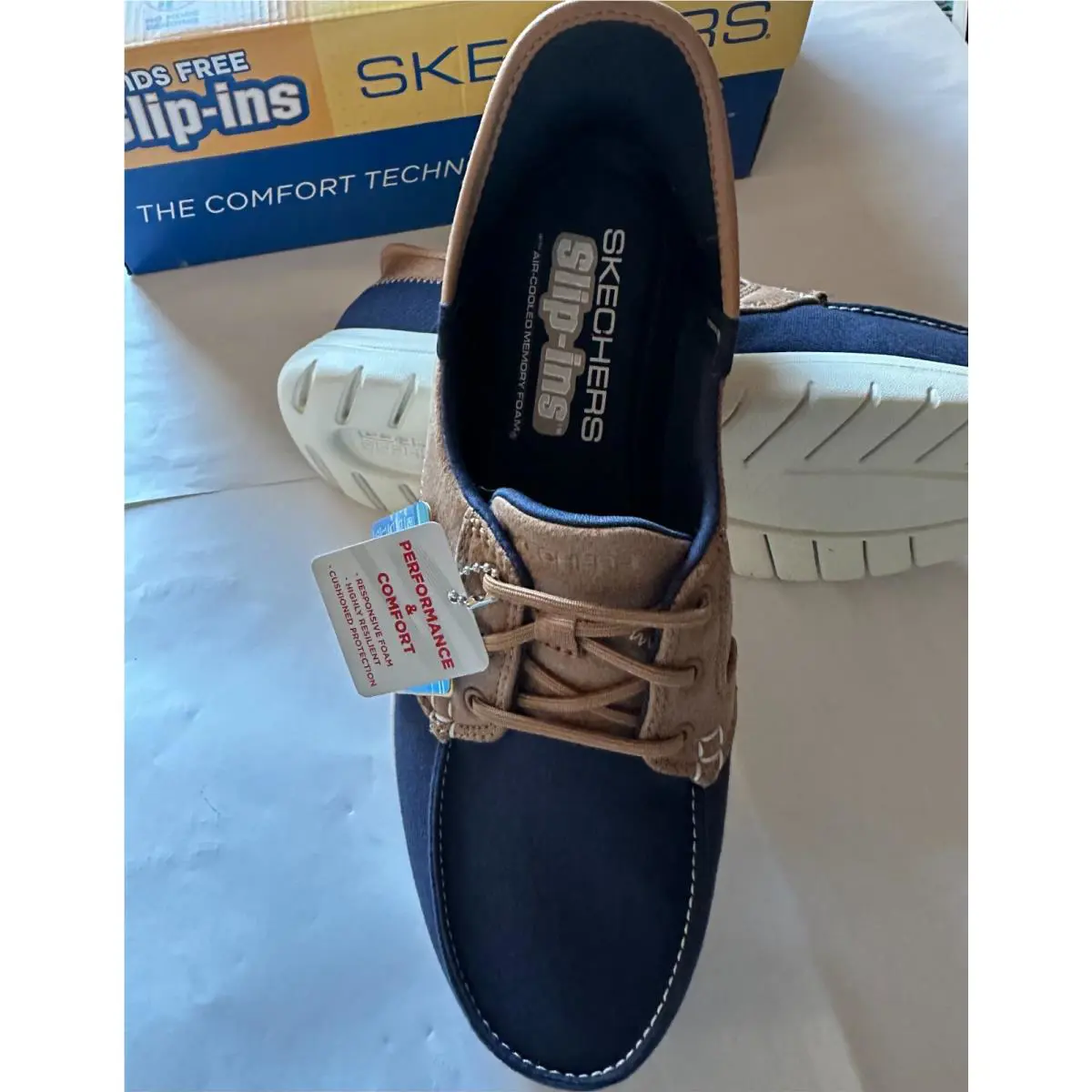 Skechers shoes - Skechers Hands Free Slip-Ins - Hands Free - 136536/NVY - Navy Blue Canvas Upper with tan/light brown faux leather overlays (UPC: 197627076454) 2