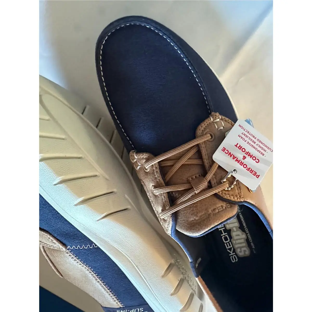 Skechers shoes - Skechers Hands Free Slip-Ins - Hands Free - 136536/NVY - Navy Blue Canvas Upper with tan/light brown faux leather overlays (UPC: 197627076454) 3