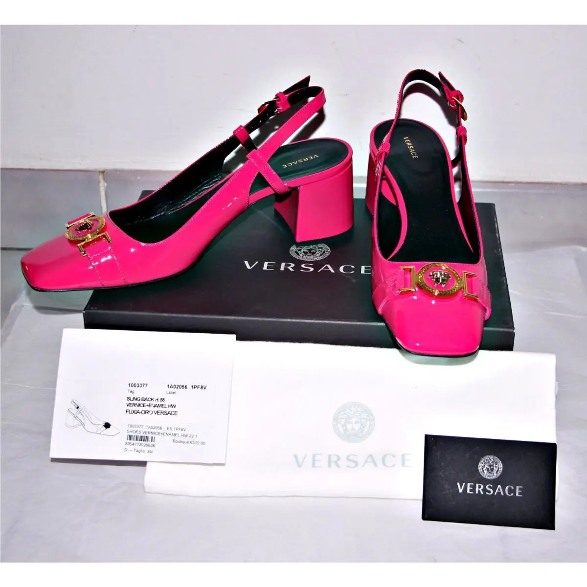 Gold Medusa Fuchsia Patent Leather 2.5 Heel Slingbacks US 8 IT39 by Versace