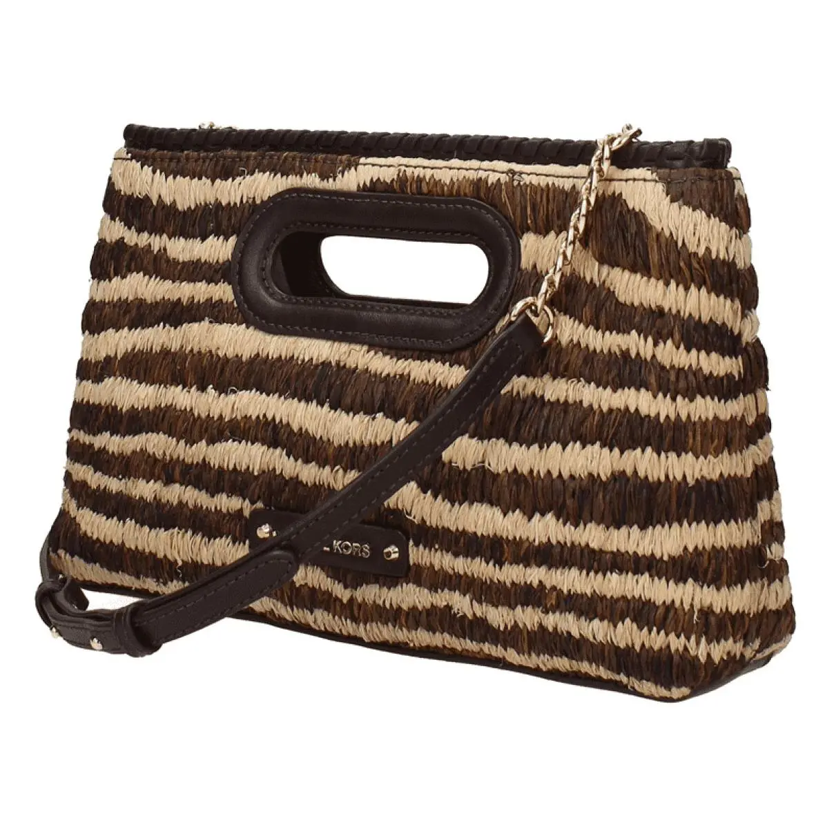 Michael Kors Crossbody Clutch Raffia Leather Trim Handbag Brown Natural