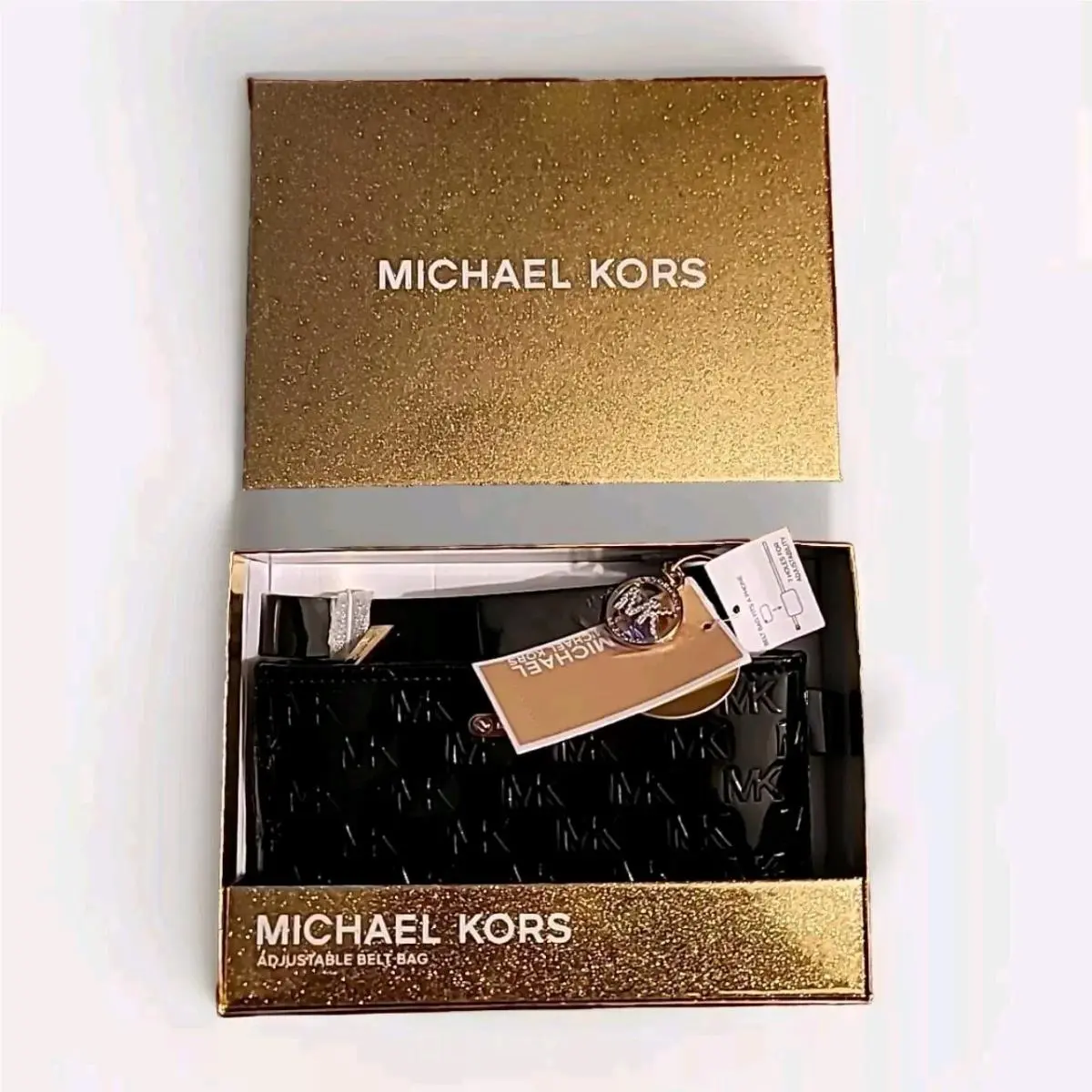 Michael Kors Women’s Belt Fanny Pack MK Logo Embossed Black Patent Leather S/m
