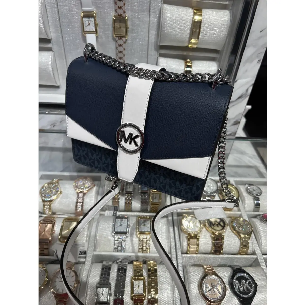 Michael Kors Greenwich Crossbody Admiral Navy White Bag Handbag Purse Satchel