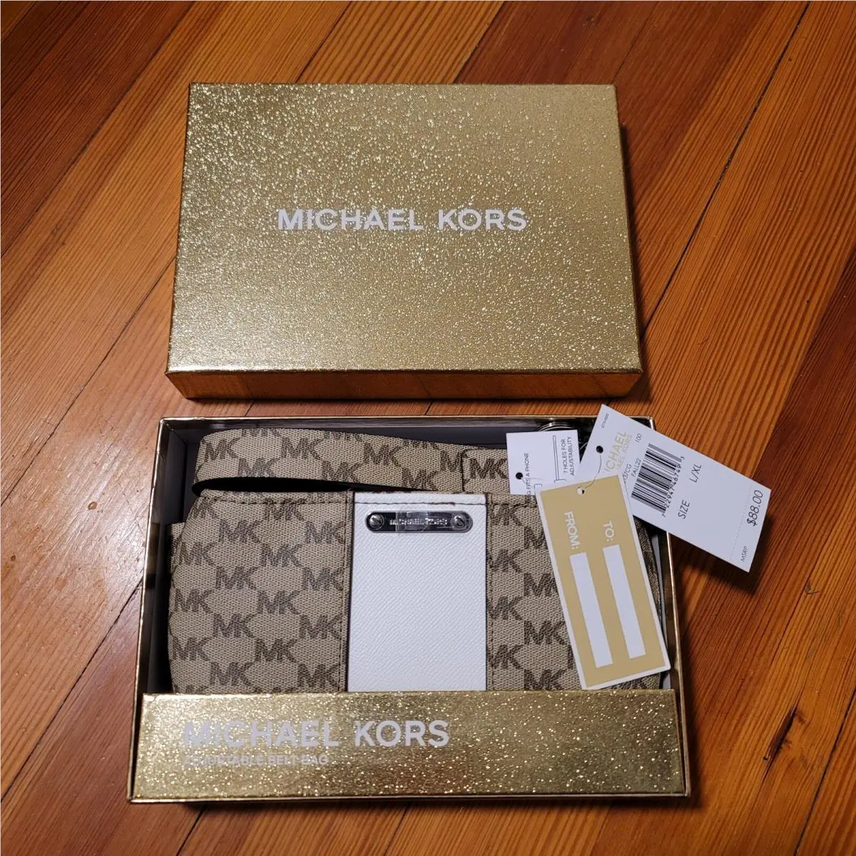 Michael Kors Leather Adjust. Belt Bag/fanny Pack MK Logo Sz L/xl Tan/white