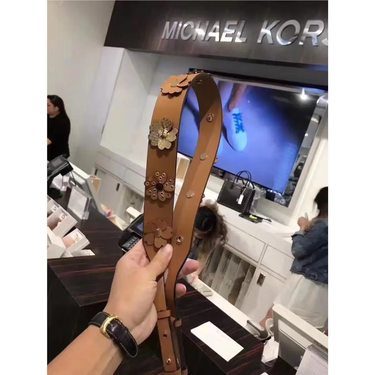 Michael Kors Brown Leather Shoulder Bag Strap with Floral Appliqué – Adjustable