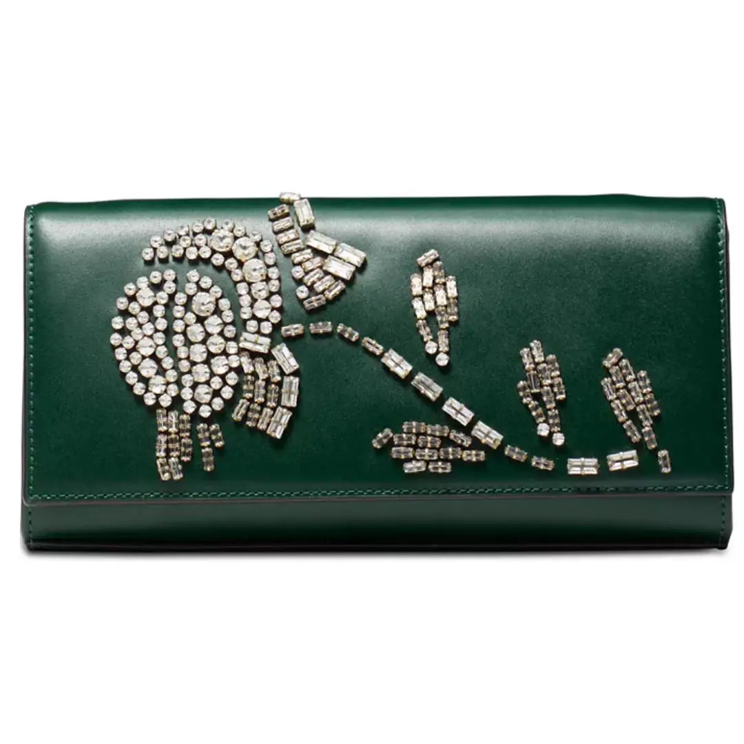 Michael Kors Clutch Convertible Shoulder Bag Green Leather Rhinestone Flower
