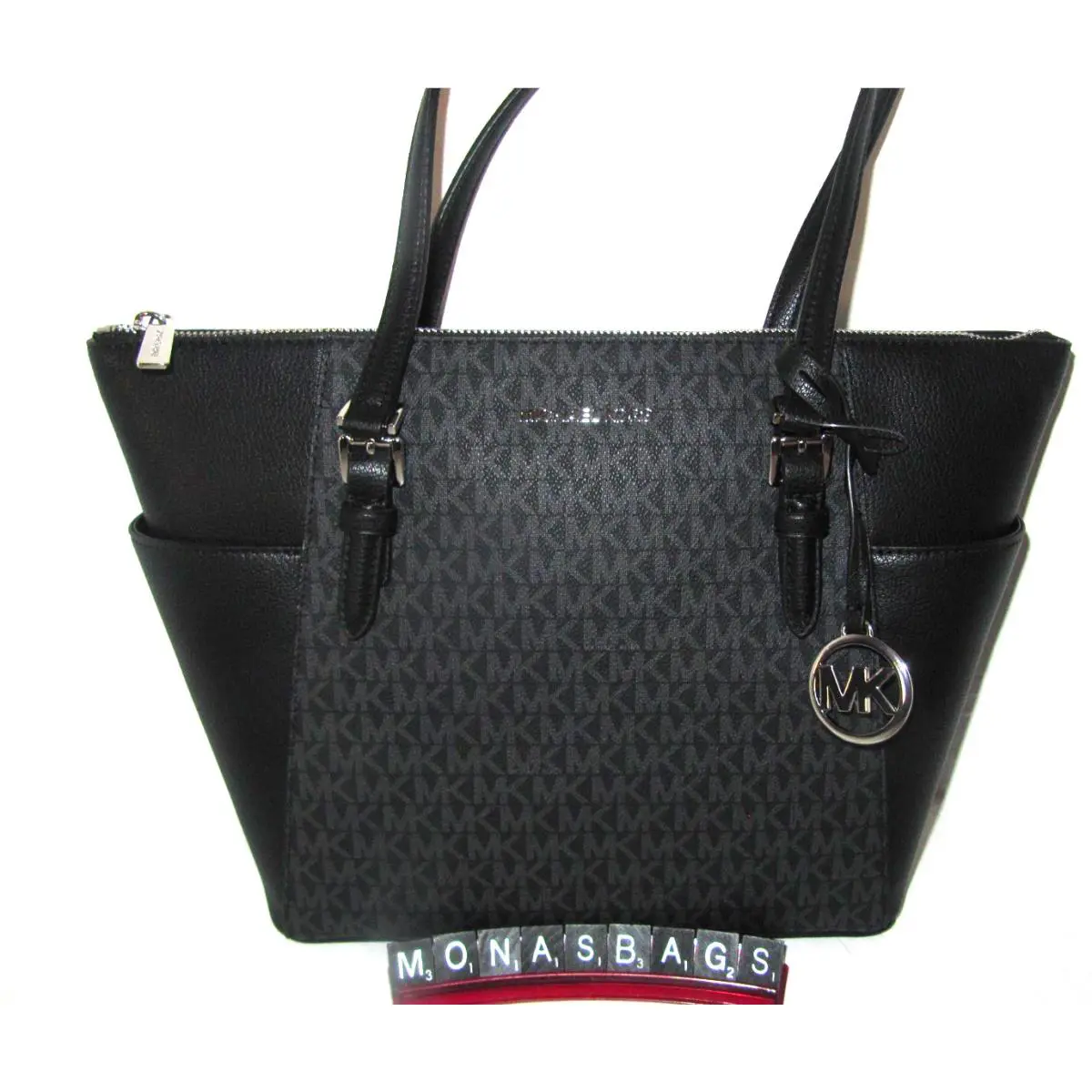 Michael Kors Top Zip Charlotte Large Tote Bag Black Signature