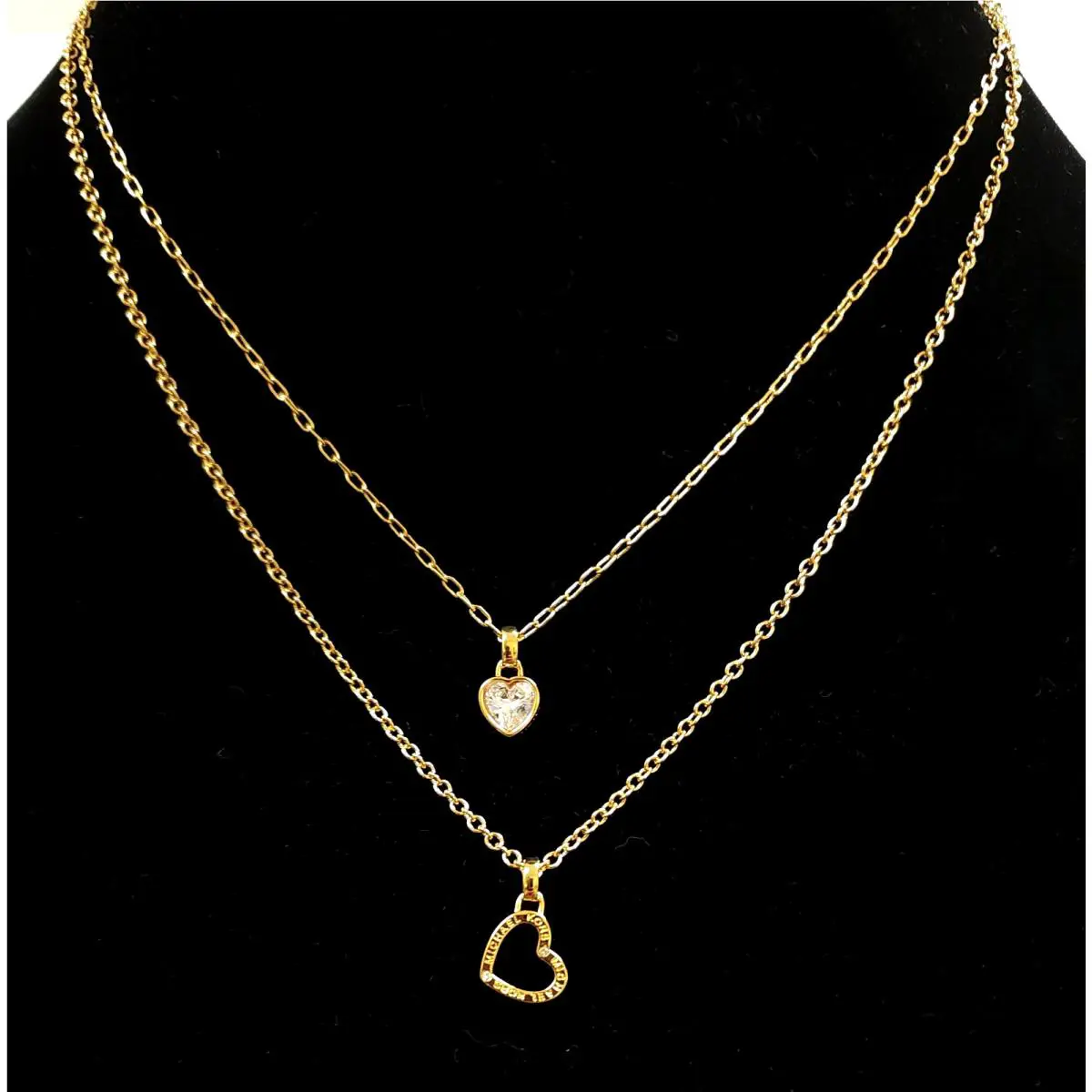 Michael Kors Gold Chain Crystal Logo Hollow Heart Charm Layered Necklace MKJ7801