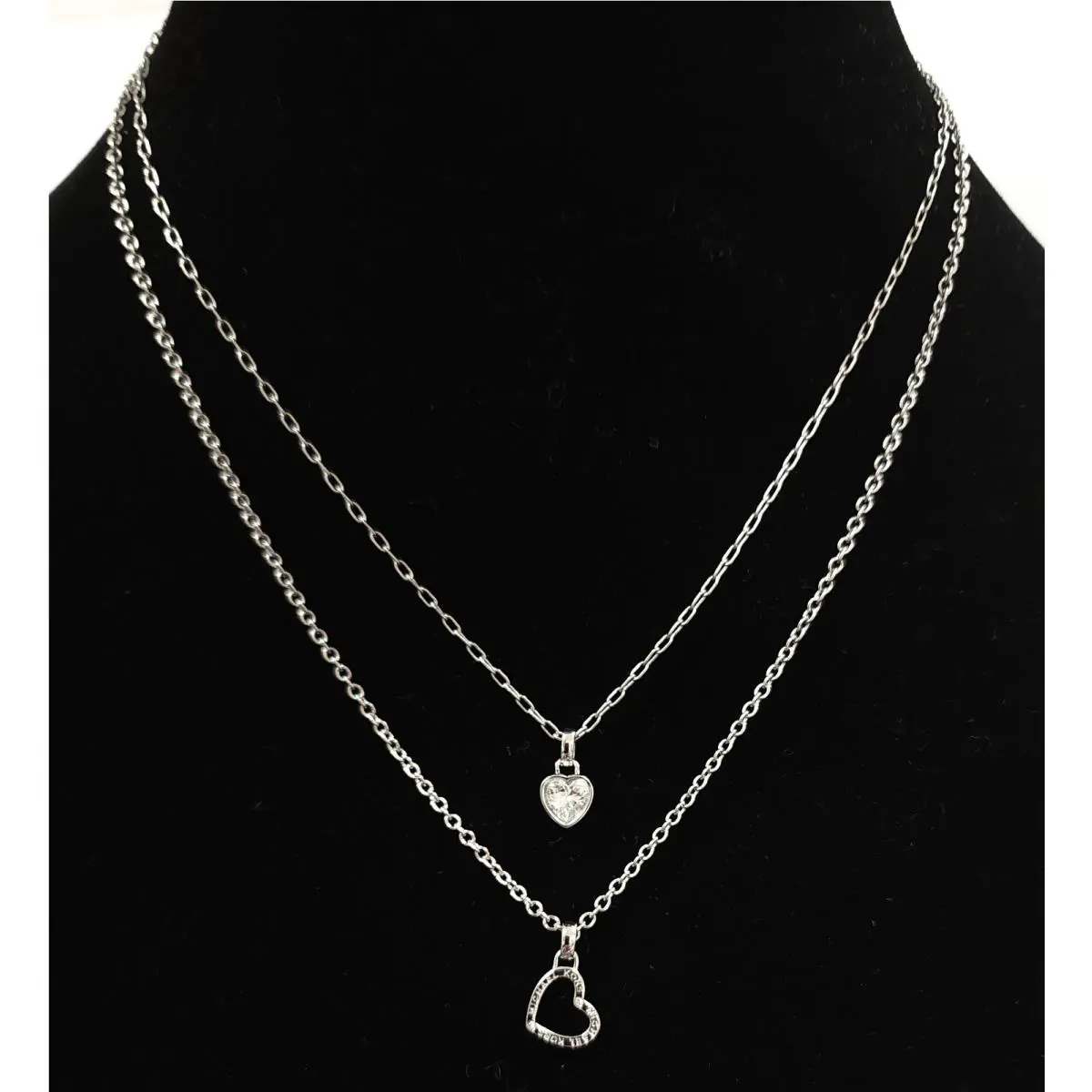 Michael Kors Silver 2 Chain Crystal Logo Hollow Heart Charm Layered Necklace