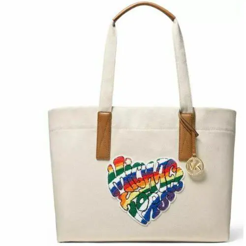 Michael Kors XL Tote Canvas Acorn Leather Signature Logo Rainbow Charm