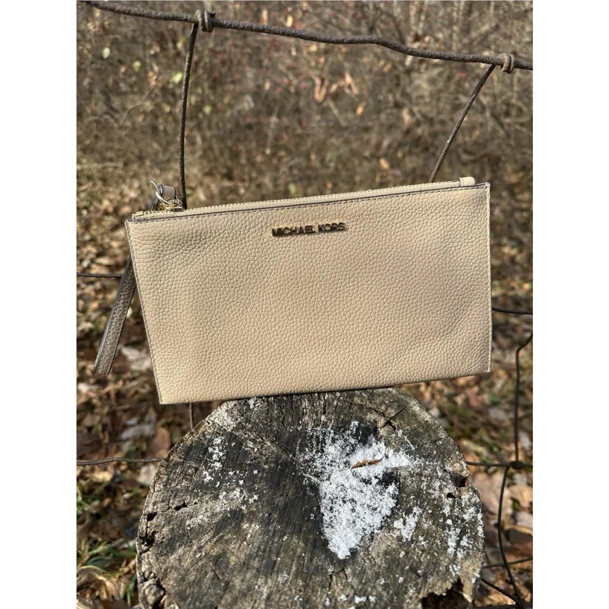 MK Clutch Wristlet Michael Kors Cream Bisque LG Zip Clutch