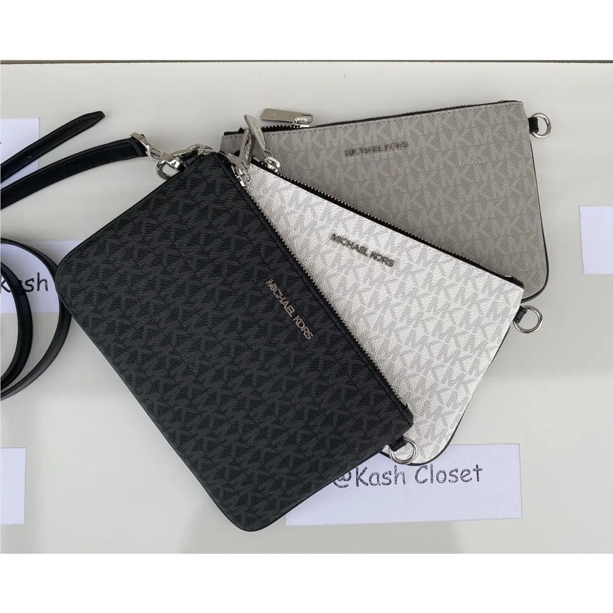 Michael Kors Crossbody Triple Pouch Medium MK Signature Purse Black Multi