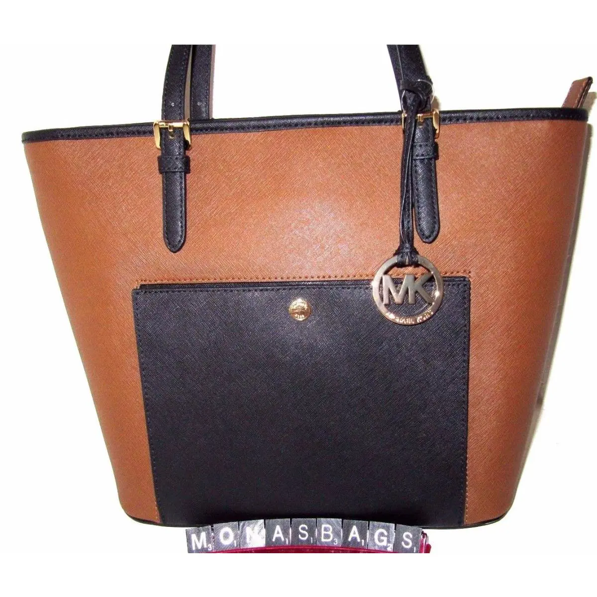 Michael Kors Jet Set Luggage Black Leather Large Snap Pocket Tote