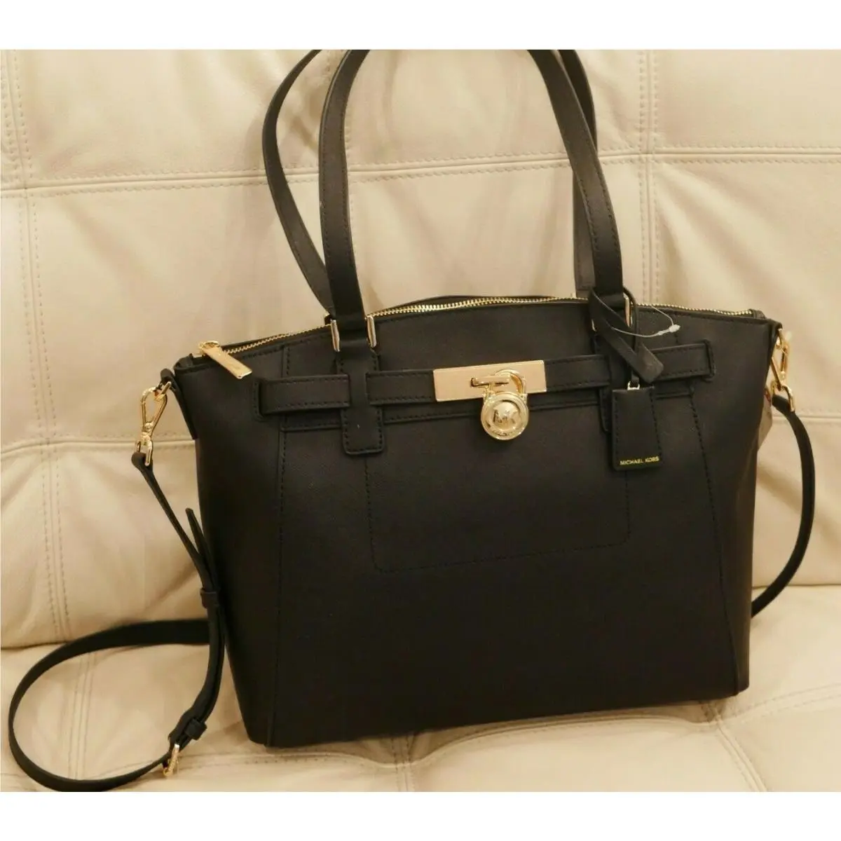 WT Michael Kors Large Black Purse Hamilton Traveler Zip Satchel 38H8XHXS7L