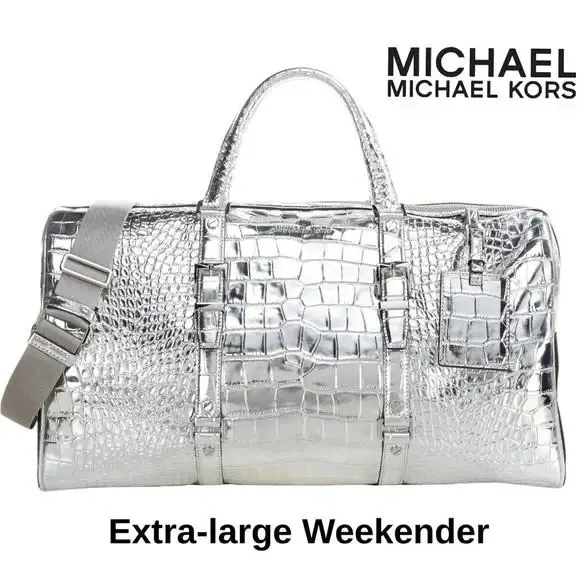 Michael Kors XL Metallic Crocodile Embossed Leather Weekender Bag Silver