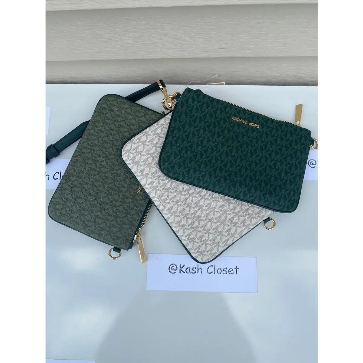 Michael Kors Crossbody Triple Pouch Medium MK Signature Purse Racing Green Multi