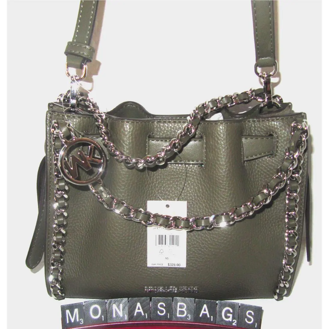 Michael Kors Mina Small Crossbody Bag Olive Green Handbag Silver Cha