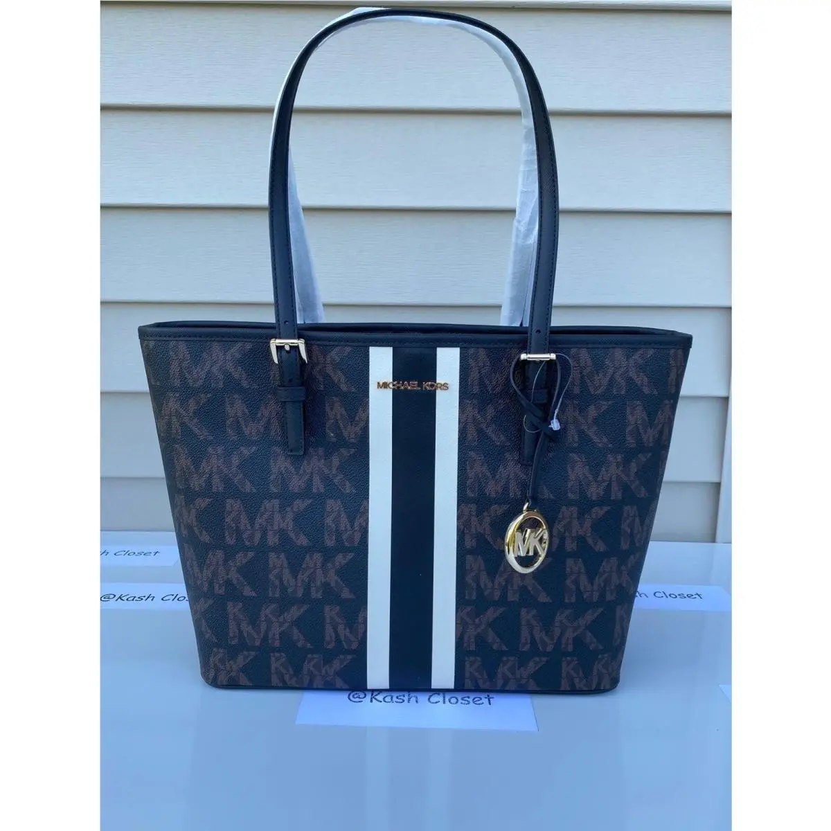 Michael Kors Tote Carryall Jet Set Travel Medium Stripe MK Signature Black Multi