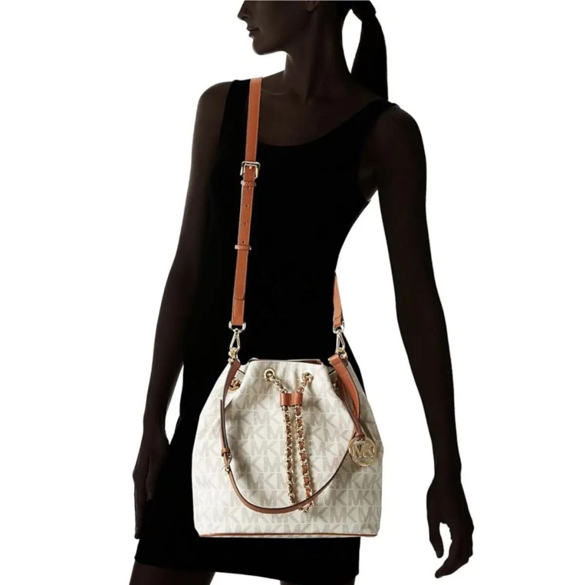Michael Kors Frankie MK Logo Chain Drawstring Purse White Tan Crossbody Strap