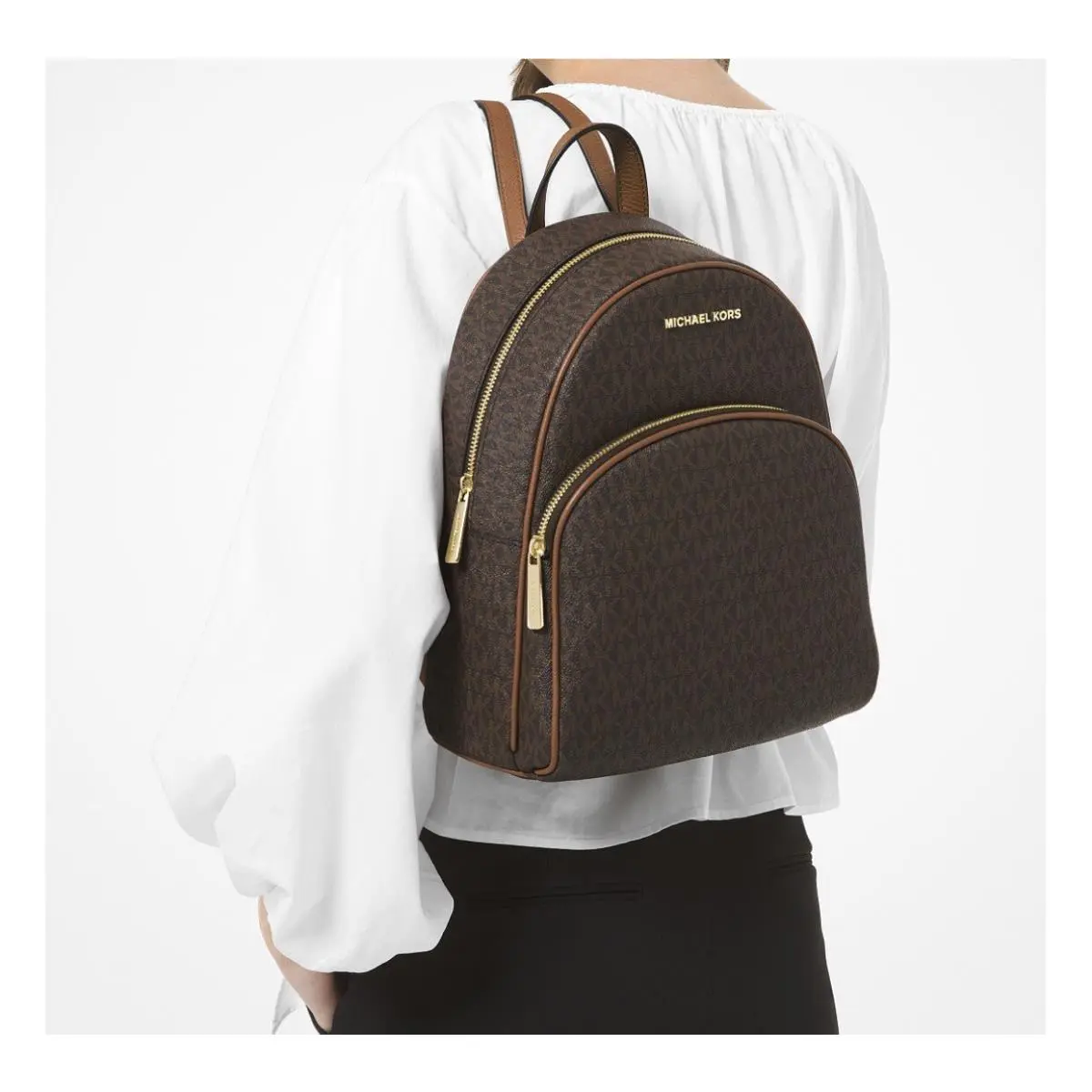 Michael Kors Women Abbey MK Signature Pvc Medium Backpack Dust Bag Brown￼ - Handle/Strap: Brown, Hardware: Brown, Exterior: Brown