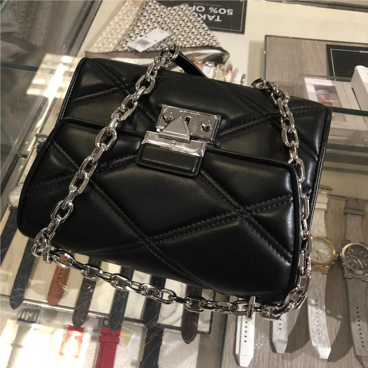 Michael Kors MK Medium Shoulder Crossbody Handbag Purse Messenger Black Silver