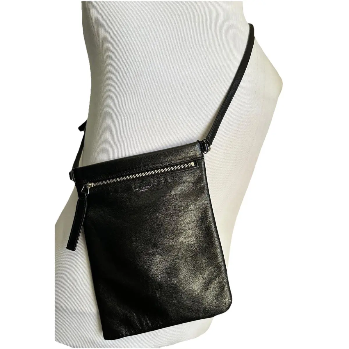 Saint Laurent Sid Flat Crossbody Bag in Antiqued Lambskin Black 581697