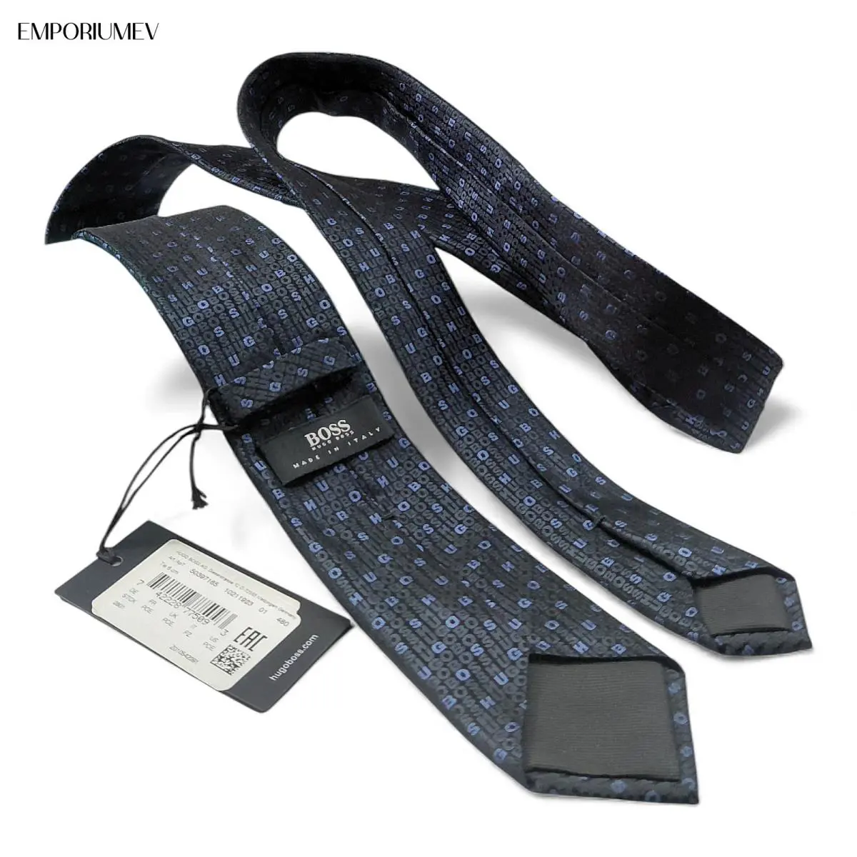 Hugo Boss Silk Tie Blue Monogram + Moleskin Black Leather Wallet Men s Set -nwt