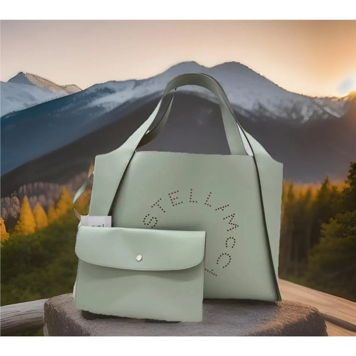 Stella Mccartney Studded Logo Large Tote Shopper In Sage Green