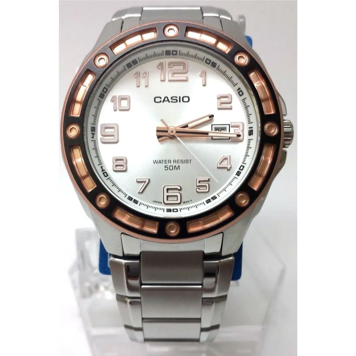 Casio MTP-1347D-7A Mens Steel Dress Watch Silver Dial Black/gold Bezel