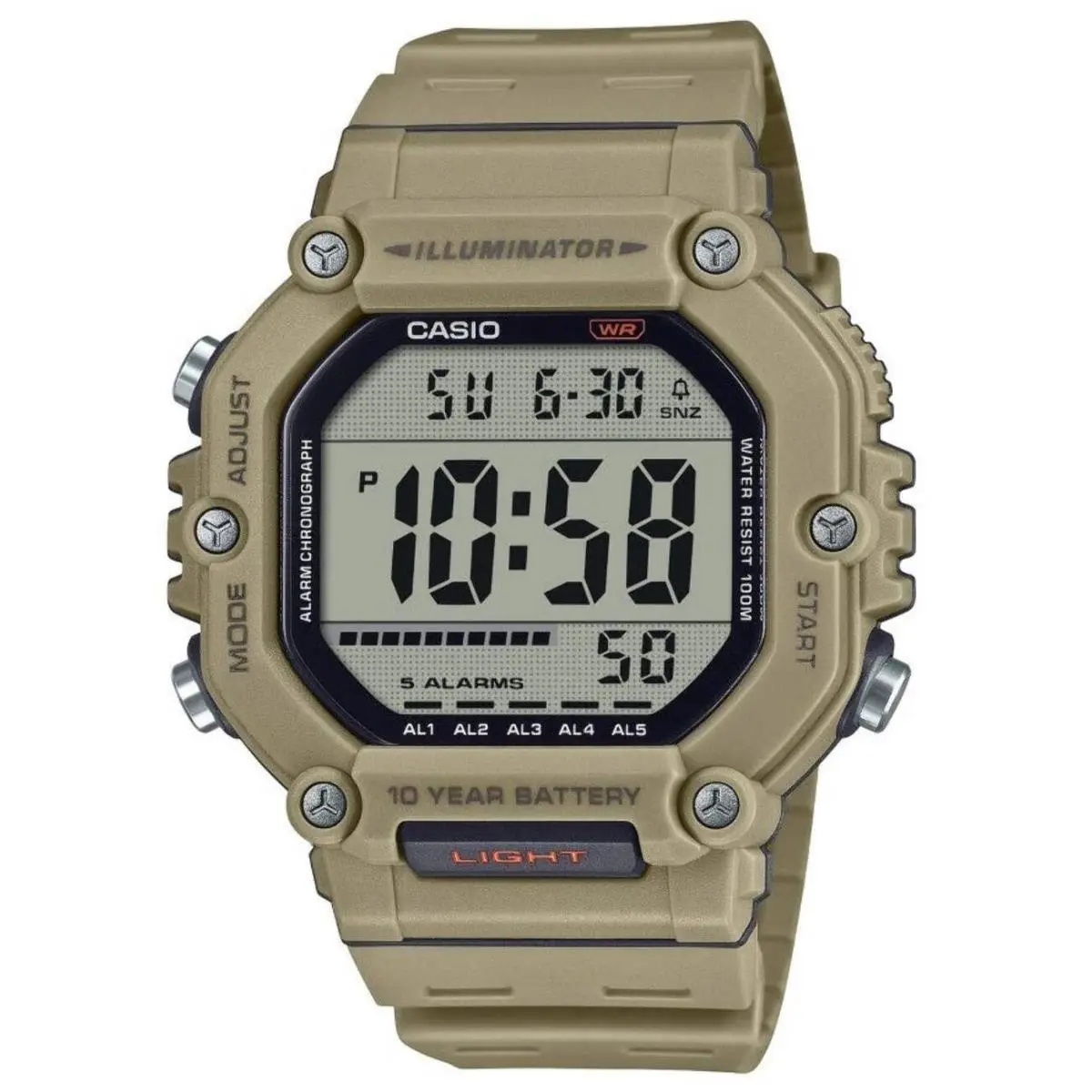 Casio AE1600H-5AV Digital Watch Resin Band 100M Water Resistant Large Lcd AE-160 - Khaki, Dial: Grey, Band: Khaki