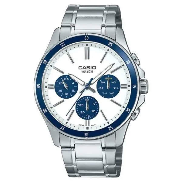 MTP-1374D-7A2 White/navy Dial Men’s Chronograph Stainless Steel Watch by Casio