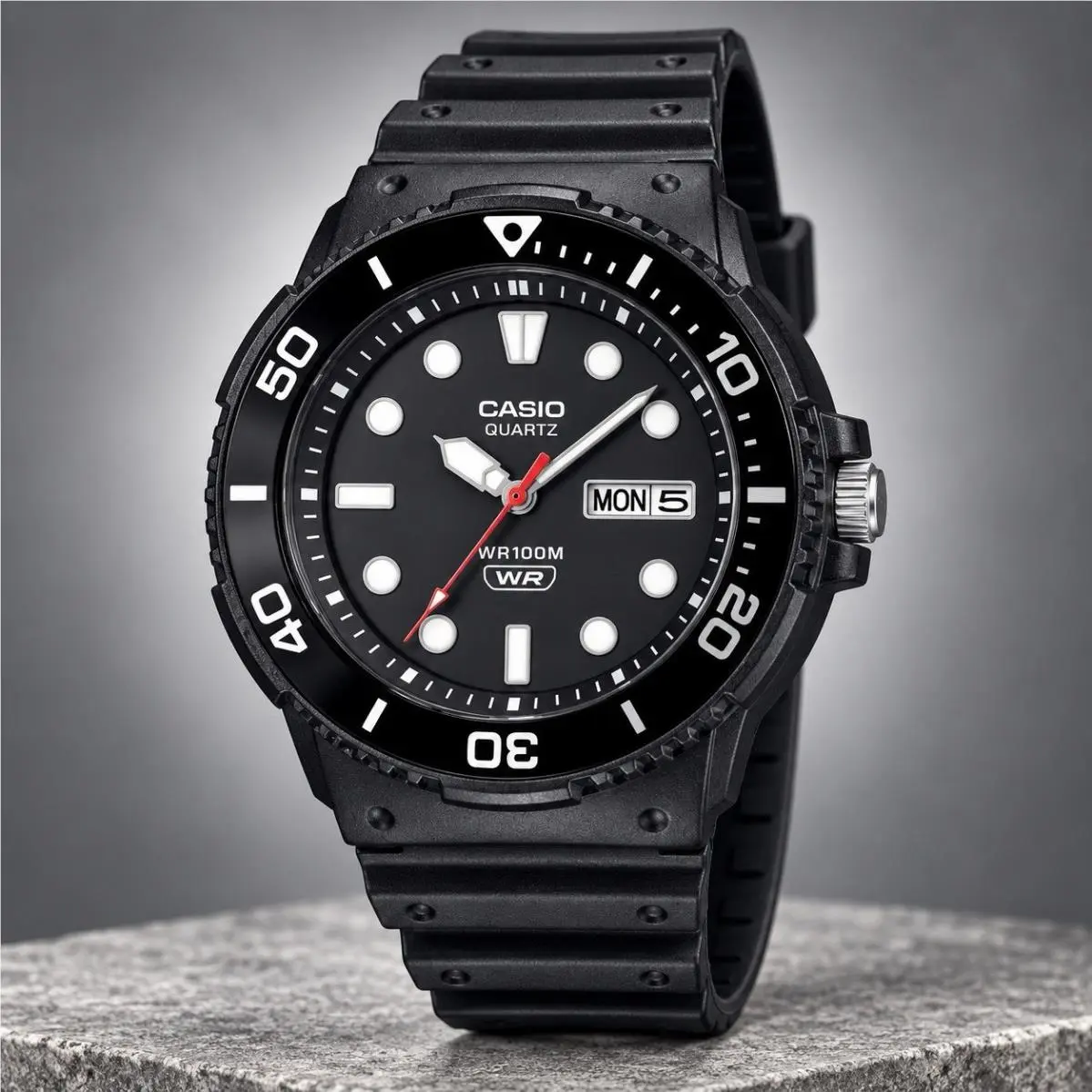 MRW-230H-1E1V Men’s Black Watch Day Date 100M Rotating Bezel Quartz by Casio