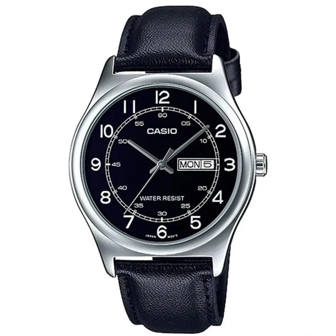 Casio MTP-V006L-1B2 Men`s Black Leather Band Black Dial Day Date Watch - Dial: Black, Band: Black, Bezel: Silver