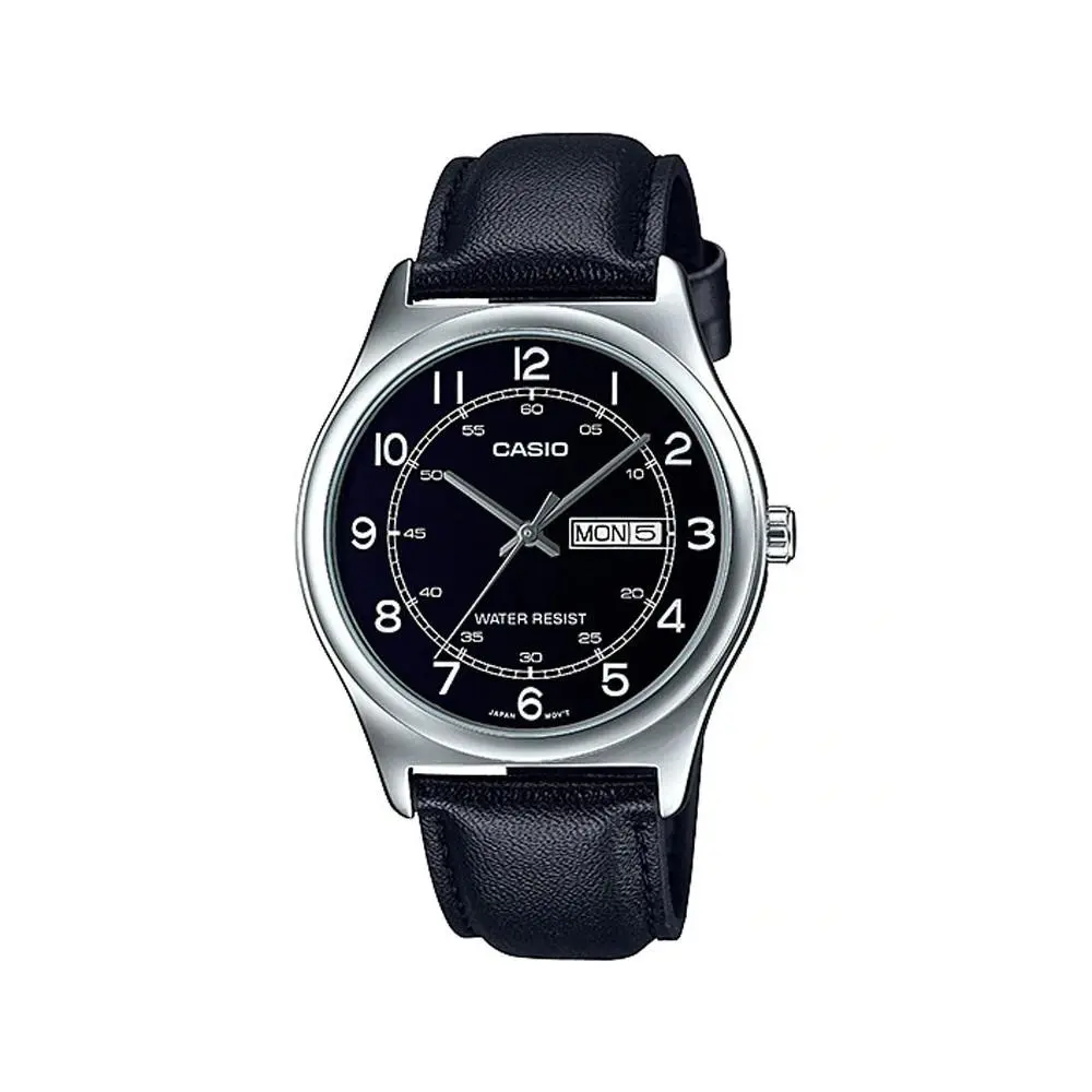 MTP-V006L-1B2 Men`s Leather Band Numbers Black Dial Day Date Watch by Casio
