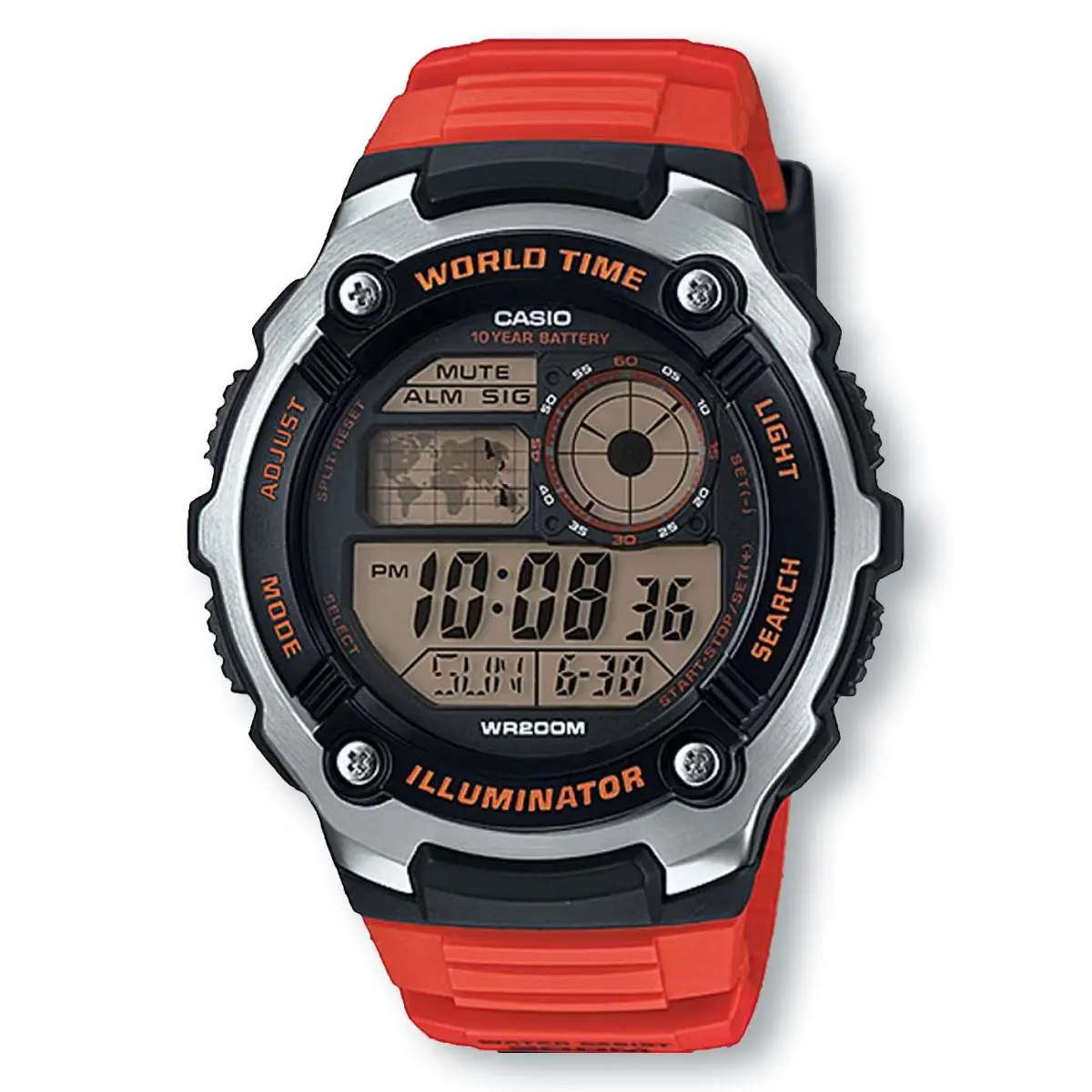 Casio AE2100W-4A Illuminator World Time 10-Year Battery Digital Watch Orange