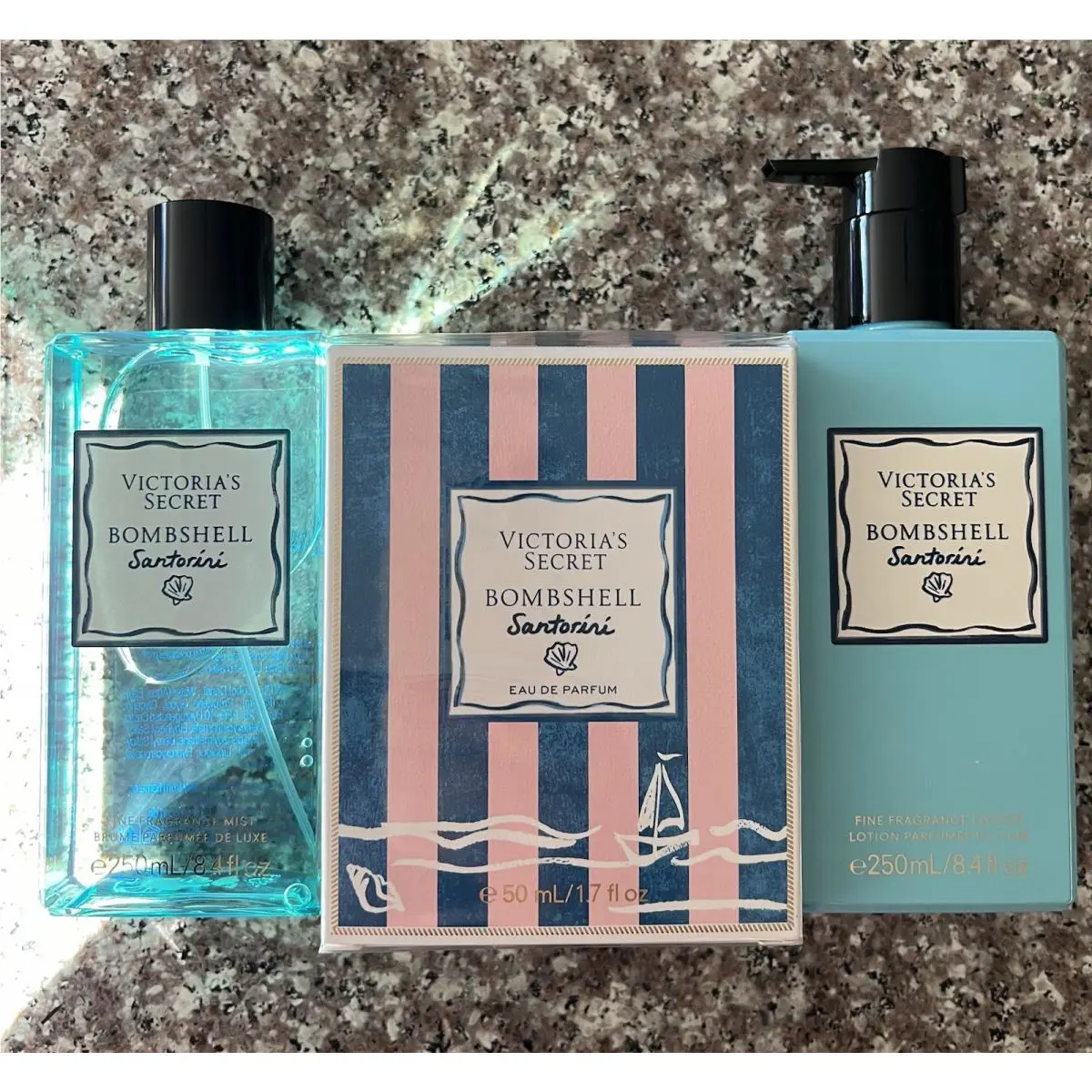 3 Victoria`s Secret Bombshell Santorini Eau De Parfum 1.7 Oz Mist Lotion