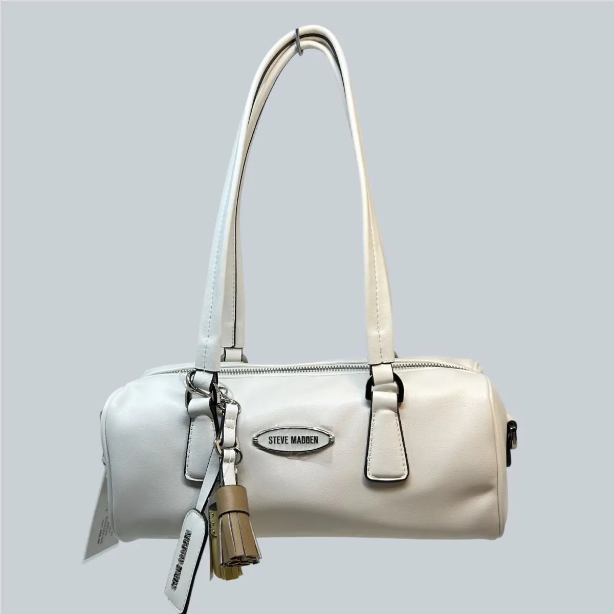 Steve Madden White Barrel Satchel Shoulder Bag Tassel Charm