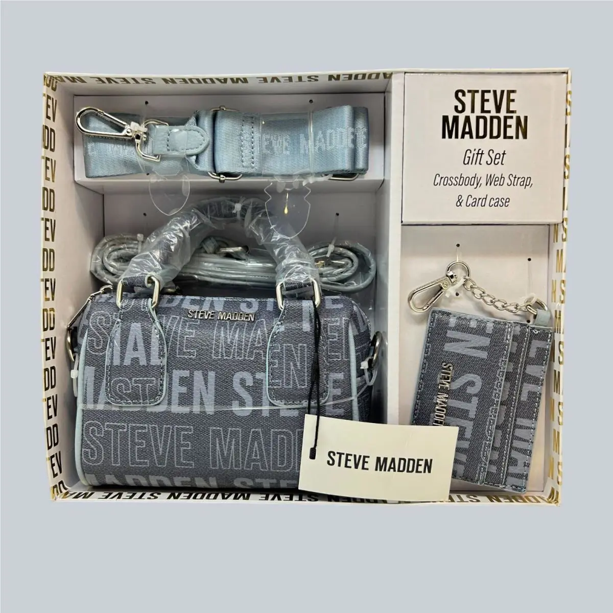 Steve Madden Gift Set Blue Boxy Embossed Crossbody Bag 2 Straps Card Case